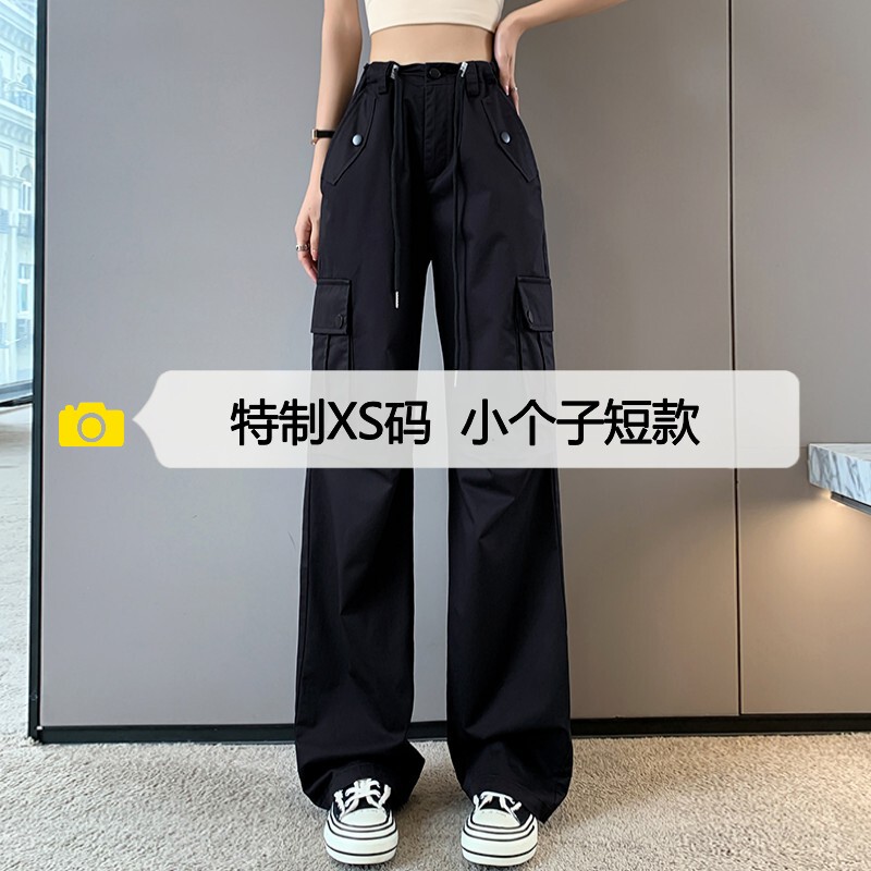 150cm Petite Street Style Wide-Leg Cropped Vintage Cargo Pants for Women 145cm Autumn Slimming American Casual Straight-Leg Trousers