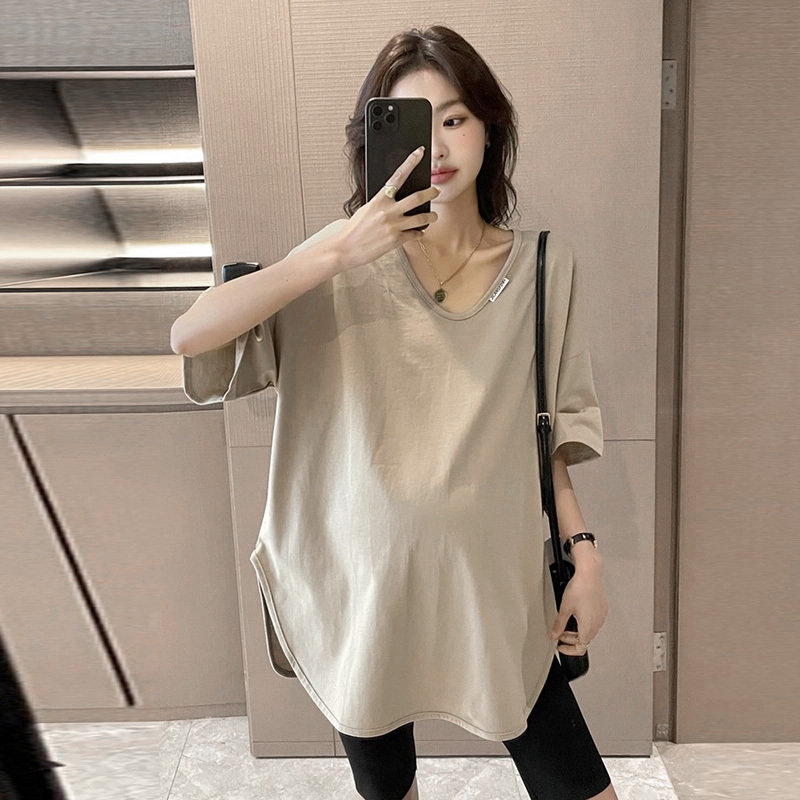 Plus Size Women's Maternity T-Shirt Summer Pure Cotton Loose Belly-Covering Casual Solid Color Short-Sleeved Slit Top 100kg Plus Size Women's Maternity T-Shirt Summer Pure Cotton Loose Belly-Covering Casual Solid Color Short-Sleeved Slit Top 100kg