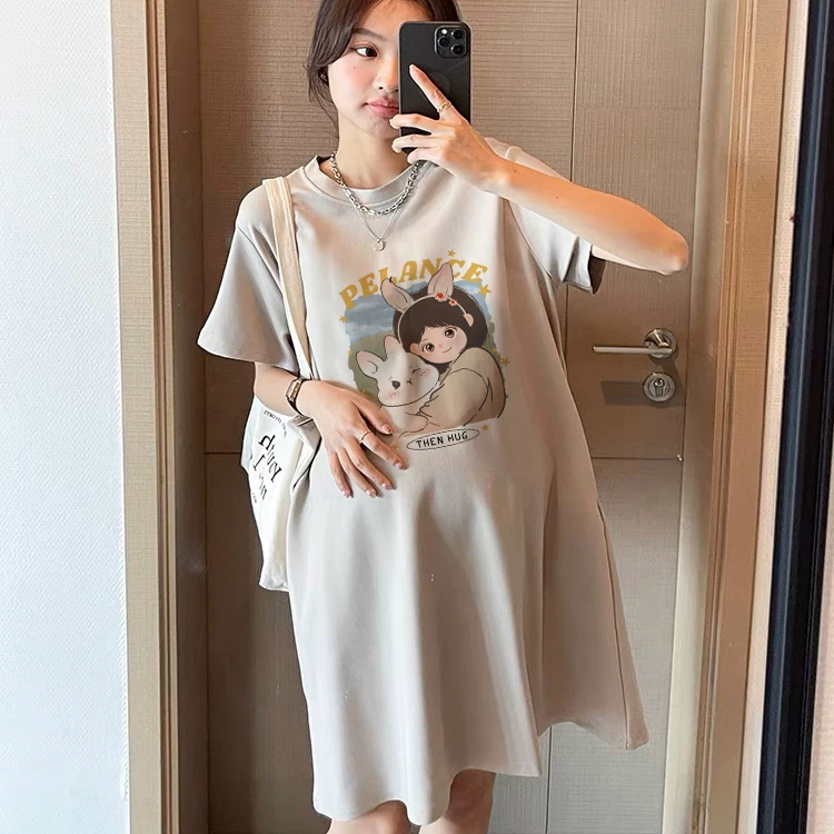Длинное хлопковое платье-т shirt для беременных, с коротким рукавом, корейский стиль, средней длины