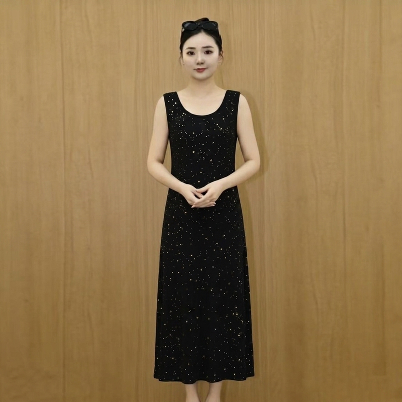 2026 Summer New Fashionable Starry Ice Silk Ribbed Long Dress Sleeveless Strap Dress Loose Casual Dress