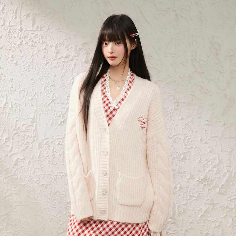 King Prince Spring New Embroidered Cable Knit Cardigan Sweater Casual V-Neck Knit Soft and Cozy Jacket