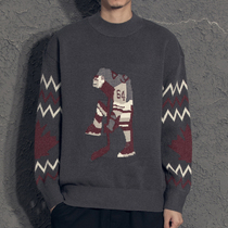 Yiyi retro cartoon jacquard winter boys sweater Korean trend semi-high neck knit sweater tide card student jacket