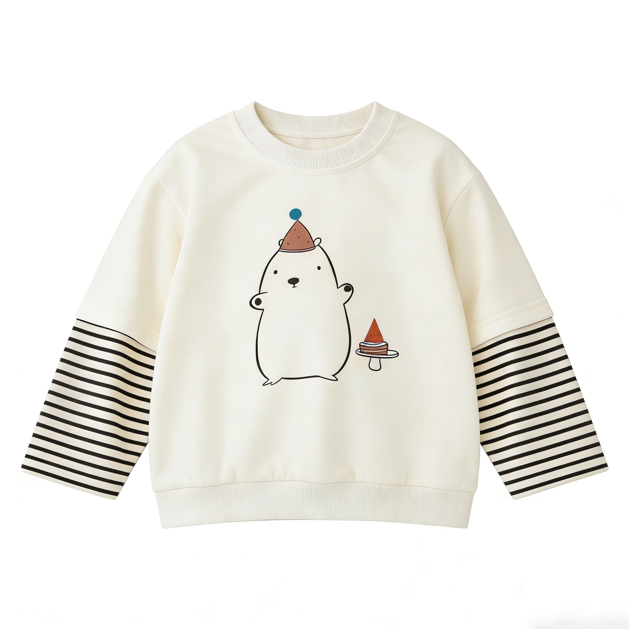 可爱童装假两件男女童卡通印花拼接条纹袖长袖春秋款洋气宽松上衣