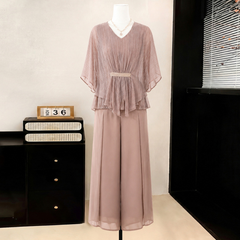 Mother's Clothing V-Neck Batwing Sleeve Top Middle-Aged Women's Fashionable Chiffon T-Shirt Wide-Leg Pants Elegant and Dignified Suit