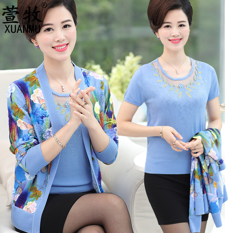 Middle aged woman Spring loaded with two sets shorts jacket middle-aged mother summer clothing suit 40 years 50 short sleeve T-shirt blouse