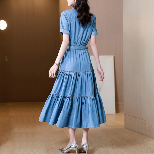 2023 summer new short-sleeved tencel denim dress women's summer long denim skirt shirt cake skirt long skirt