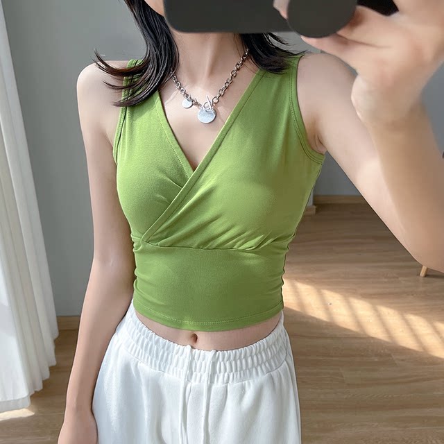 2022 new summer pure cotton vest women's V-neck fashion design sense suspenders sleeveless top inner t-shirt outer wear bottoming