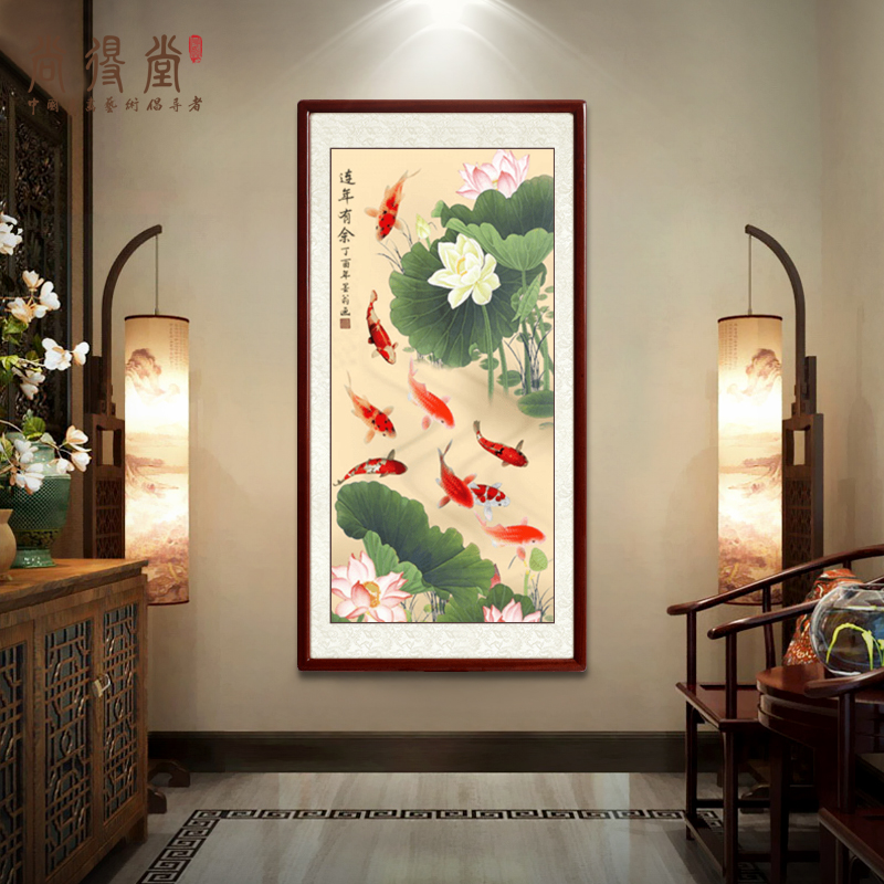 Porch decorative painting new Chinese-style entrance corridor hanging painting vertical calligraphy painting lotus nine fish picture hand-painted Chinese painting meticulous painting