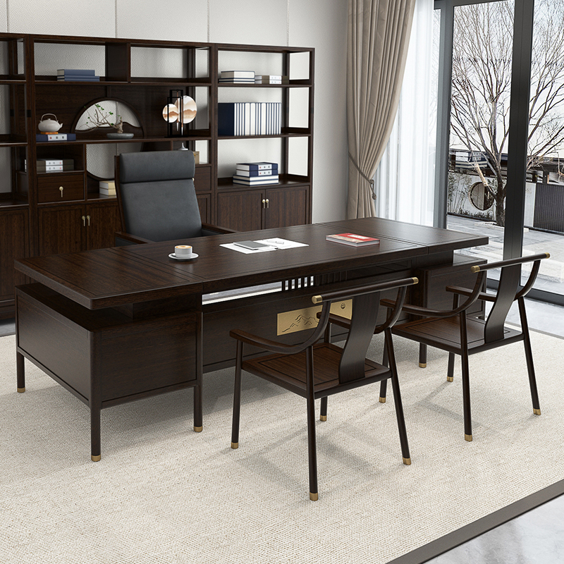 New Chinese solid wood boss Table Light Luxury President Table Zen Large Banking Director Table High-end Desk Full Set