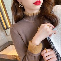 Add-down thickened half-height collar bottom-shirt woman long sleeve autumn winter internal lap 100 lap foreign gas integrated suede blouse warm
