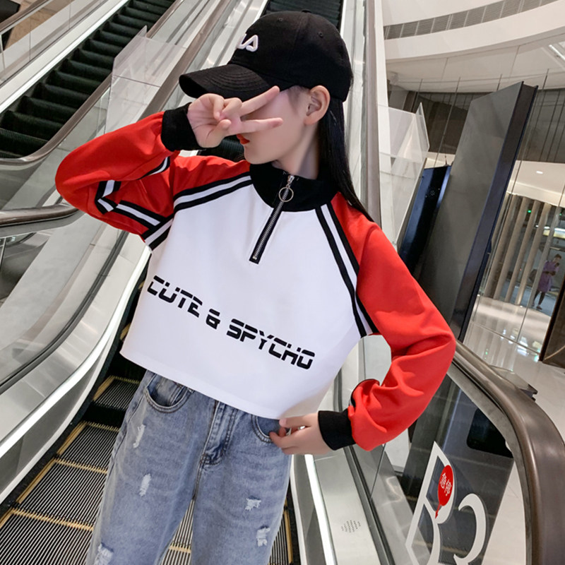 Children's sweater women's spring and autumn style girl's foreign style short casual autumn clothing for big children loose fashionable color matching top tide