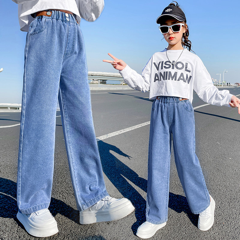 Broadlegged Pants Girl Spring New Light Color Jeans Children Loose Casual Straight Drum Pants Spring Autumn CUHK Scouts Pants