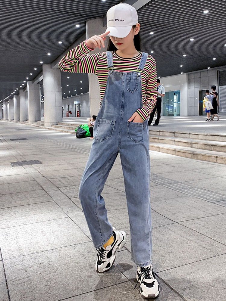 Denim baby bag pants Spring and Autumn girls fashion casual pants Medium and large virgin girl Western school children's autumn loose trousers