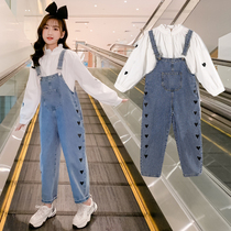 Girls Strap Pants Set Spring and Autumn Mid-day Children Girl foreign white shirt children denim suspenders two-piece set