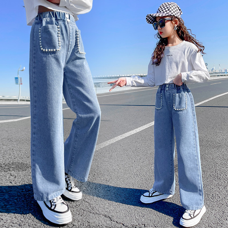 Girl Jeans Spring Autumn Outwear CUHK Child Loose Straight Drum Pants Spring New Children Light Color Casual Long Pants