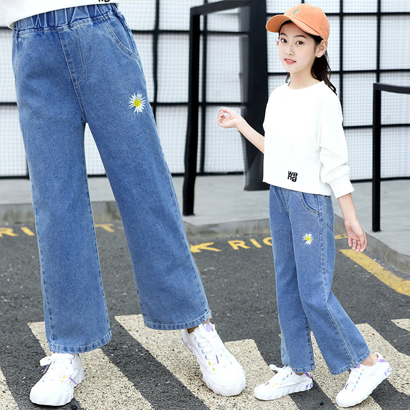 Girls wide leg pants Spring and autumn middle and large children's Western style wide leg jeans Children's spring casual small daisy straight pants