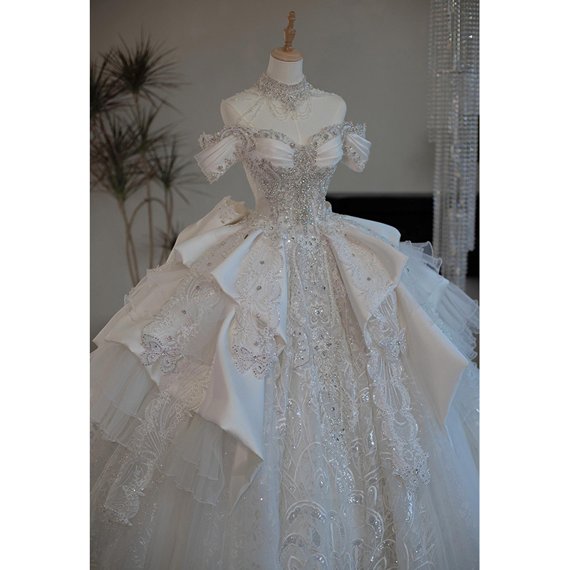 French-Style Off-The-Shoulder Heavy-Duty Luxury Wedding Dress 2026 New Model Runaway Bride Princess Long Train Satin White Main Dress