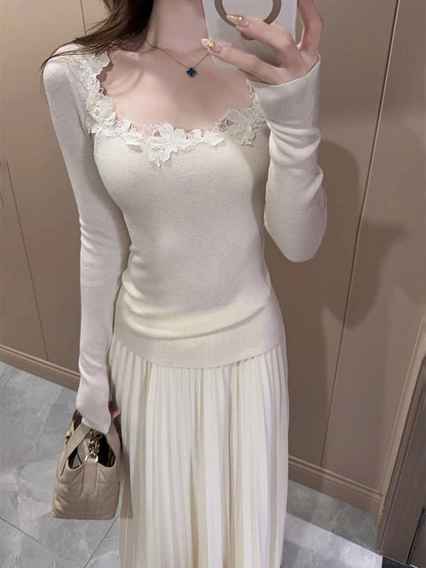 Gentle and Elegant Style Lace Patchwork Knit Sweater for Women, Spring Slim-Fit Base Layer Sweater, Stunningly Beautiful Top