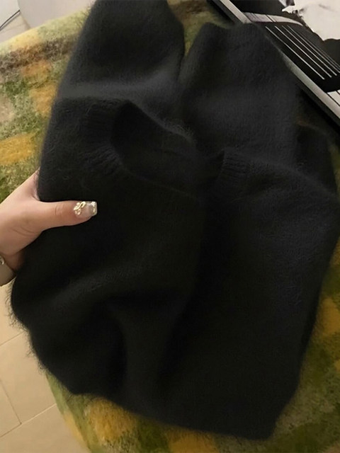 Lazy Style Green Mohair Round Neck Sweater for Women, Autumn and Winter Soft and Loose Knitwear with a High-End Feel, Outerwear Top