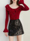 Autumn and Winter Ruffled Slim-Fit Beautiful Knit Sweater for Women, Stunning Red New Year Base Layer Top