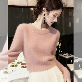 Korean-Style Pink Sequin Short Knit Sweater for Women, Autumn and Winter, Beautiful and High-End, Thick Pullover Sweater, Thick Top