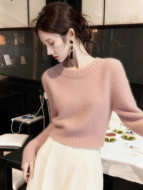 Korean-Style Pink Sequin Short Knit Sweater for Women, Autumn and Winter, Beautiful and High-End, Thick Pullover Sweater, Thick Top
