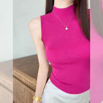 Summer Half-High Collar Rose Red Ice Silk Knitted Camisole Women's French Style Outerwear Sleeveless Inner Layering Top