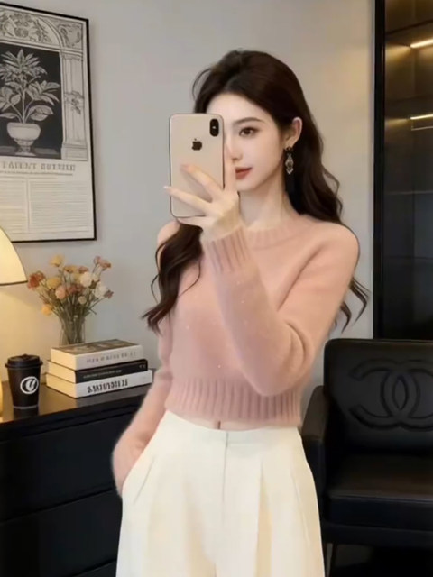 Korean pink high-end sequined sweater for women in autumn and winter, unique and beautiful thickened pullover sweater short top