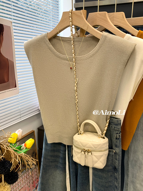 French Ice Silk Thin Flying Sleeve Knitwear for Women Summer Design Lace-Up Waist Sleeveless T-Shirt Short Top