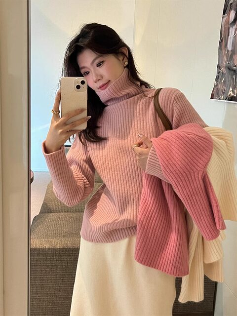 Purple Turtleneck Cashmere Knit Sweater for Women, Autumn and Winter Korean Style, Lazy and Loose, Inner Layer Sweater, Warm and Thick, Outerwear Top