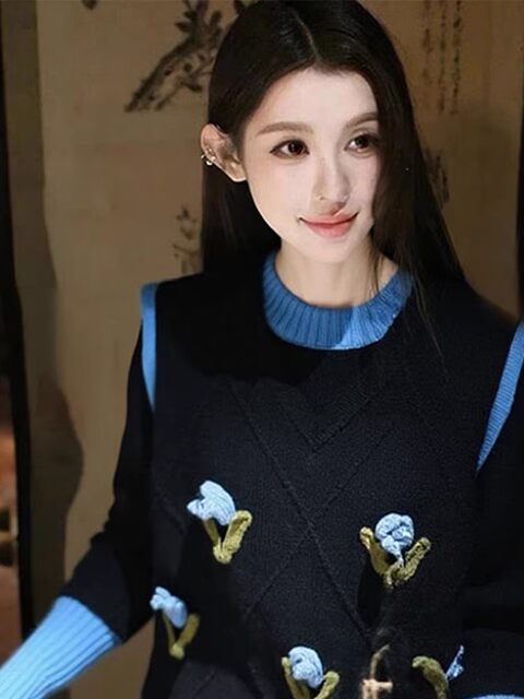 Autumn and Winter Lazy Chic Black Jacquard Knit Sweater for Women, Very Stylish Layered with a Vest, Unique and Beautiful Top