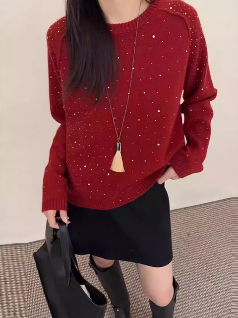 New Year Red Heavy Embellished Knitted Sweater for Women, Autumn/Winter High-End Soft and Cozy Lazy Sweater, Loose Fit for Layering or Outerwear
