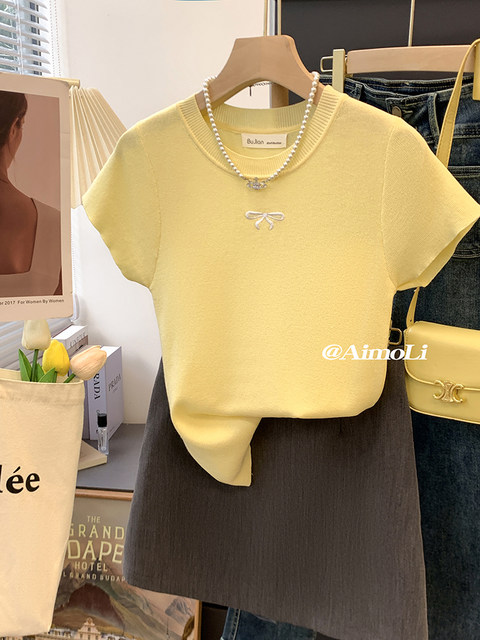 French-Style Yellow Sweet Bow Ice Silk Knit Top for Women, Summer Embroidered Slim-Fit Thin Base Shirt, Unique Top