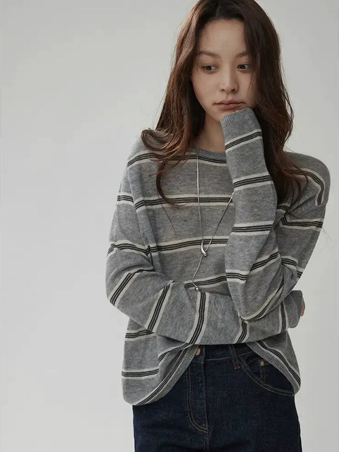 French-Style Round-Neck Striped Color-Block Knit Sweater for Women, Spring and Autumn Vintage Lazy Loose-Fitting Base Sweater, Thin Inner Layer Top