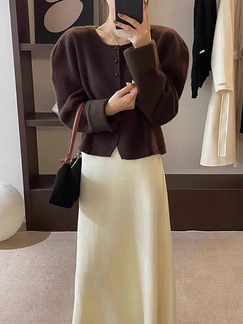 Autumn and Winter Thick Wool Knitted Skirt for Women, High-Waisted, Slimming A-Line Skirt, Elegant Umbrella Skirt, Long Skirt for Petite Women