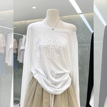 Lazy Style Diagonal Collar Printed Thin Long-Sleeved T-Shirt for Women in Summer, Pure and Desirable, Loose Sun Protection Outerwear, Unique Top