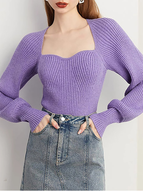 French-Style Square-Neck Wool Knit Sweater for Women, Autumn and Winter Lantern Sleeves, Thickened Inner Layer, High-End and Elegant Base Layer Top