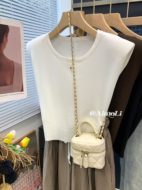Ice Silk Sleeveless Knitwear for Women Summer High-End Thin Flying Sleeve T-Shirt Elegant Lace-Up Waist Short Top