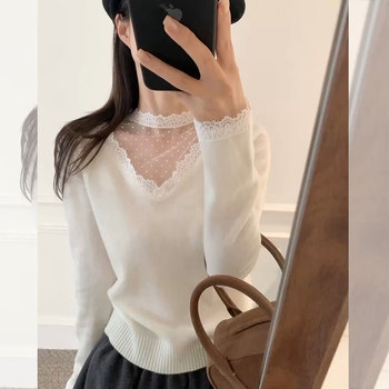 Lace Spliced Half-High Collar White Knitted Base Shirt for Women, Autumn and Winter Korean Style Beautiful Sweater, Short Top for Layering