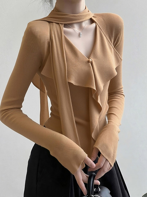 Korean-Style Outfit with Ribbon and Ruffle Trim, Knitted Sweater for Women, Autumn and Winter Design, Unique and Stylish, Super Pretty Top