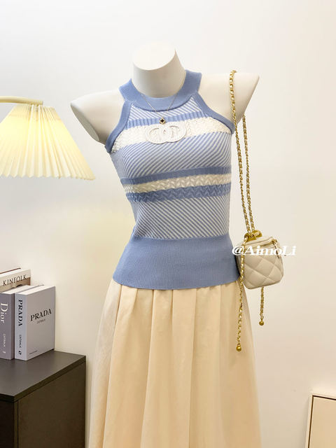 French-Style Halter Neck Knitted Camisole for Women, Summer Ice Silk Slimming Hot Girl Outfit, Sleeveless Top