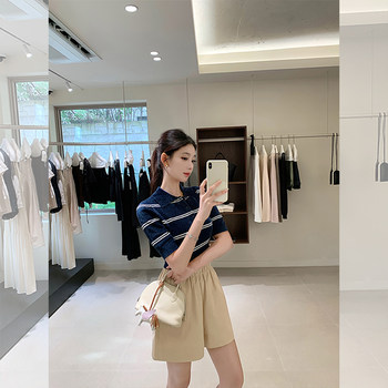 French-Style High-End Slim-Fit Thin Mid-Sleeve Knit Top for Women, Summer Striped Collared Base Shirt, Elegant Short Top