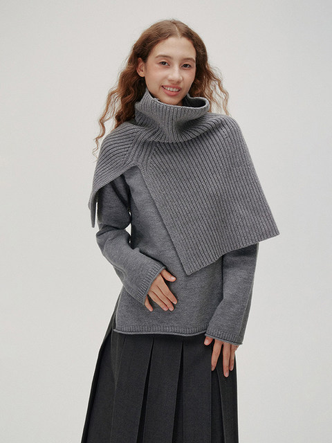 French Retro High-Neck Knitted Scarf Neck Warmer Women's Autumn and Winter Thickened Shawl with Slit Pullover Warm Cape Top