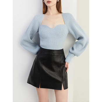 French-Style Square-Neck Wool Knit Sweater for Women, Autumn and Winter Lantern Sleeves, Thickened Inner Layer, High-End and Elegant Base Layer Top