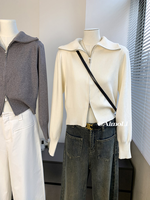 Autumn and Winter Lapel Double-Zip Short Stylish Thick Sweater for Women, Korean Style High-End Knitwear, Vintage Outerwear Top