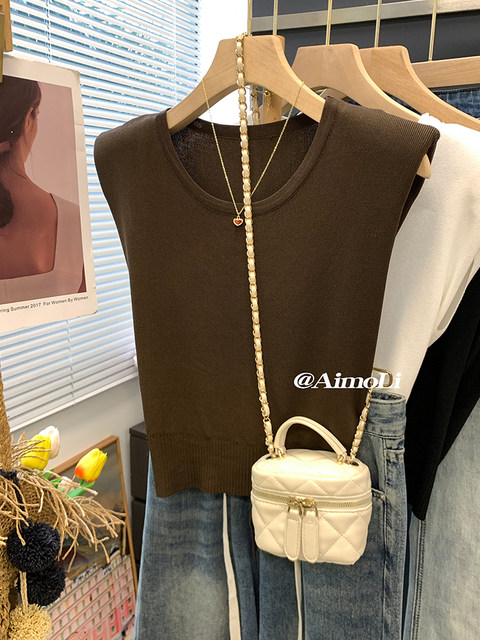 Designed Back Lace-Up Sleeveless Knitwear for Women Summer Thin T-Shirt Ice Silk Slim Short Flying Sleeve Top