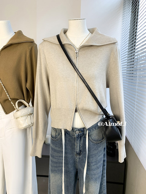 Autumn and Winter Large Lapel Short Style Elegant Thick Outerwear Sweater for Women, Korean Style Double Zipper Unique Knit Top