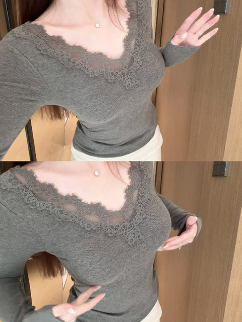 Gray Lace Spliced V-Neck Knit Top for Women, Autumn and Winter, Pure and Alluring Style, Slim Fit, Flattering Base Layer, Stunning Inner Wear Top