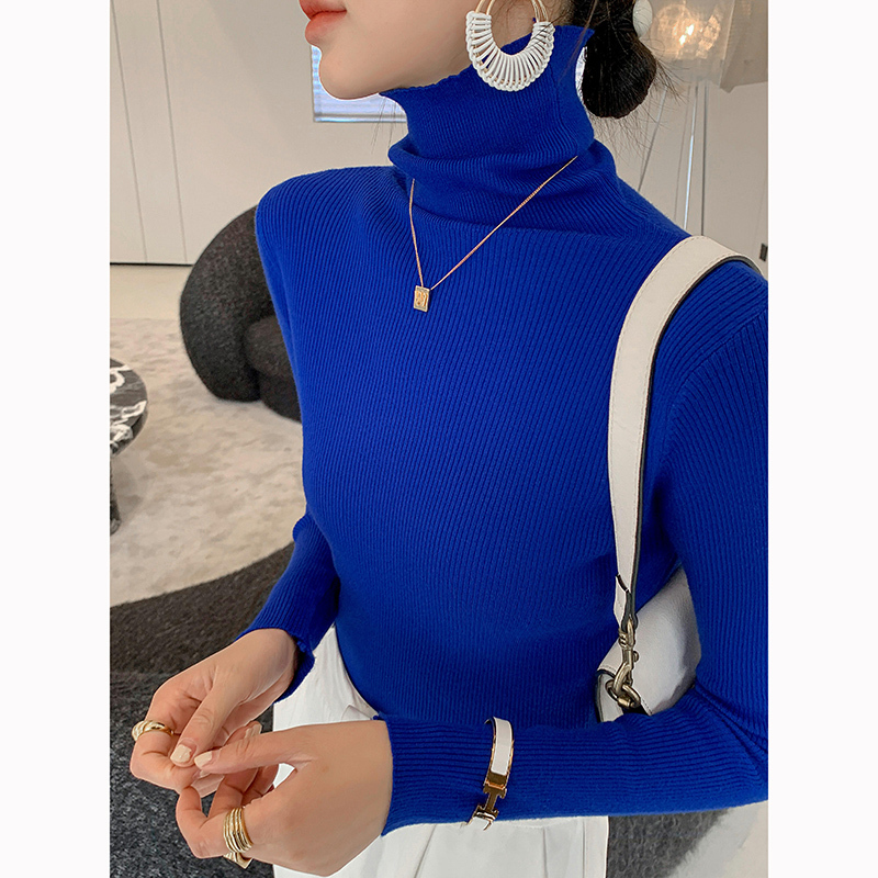 Autumn and Winter French Klein Blue Layered Turtleneck Knit Top for Women, Thickened Winter Base Sweater, Stylish Top