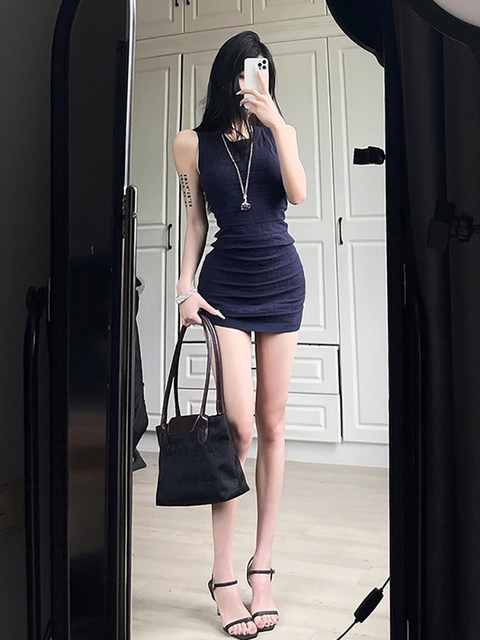 Hot Girl Petite Waist-Slimming Knit Dress Women's Summer High-End Sleeveless Tank Dress Bodycon Short Skirt